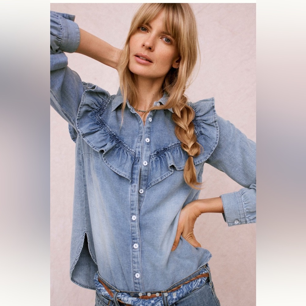 Pilcro Denim Button Down with Ruffle Accents